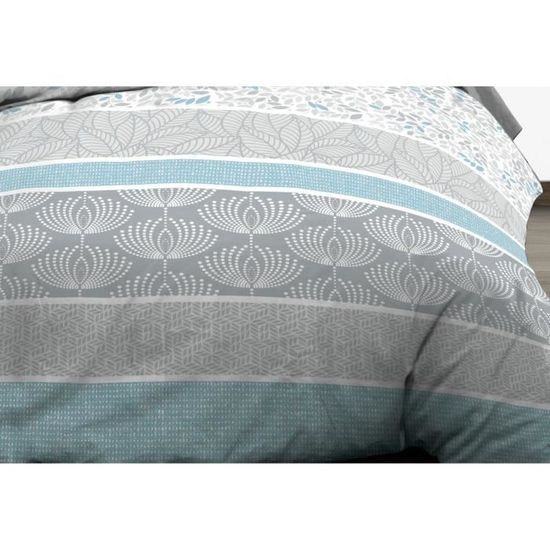 Housse De Couette 220x240cm + 2 Taies - Coton 57 Fils | Imprimé Bleu Moutarde | Label Oeko-Tex | Lit 2 Personnes
