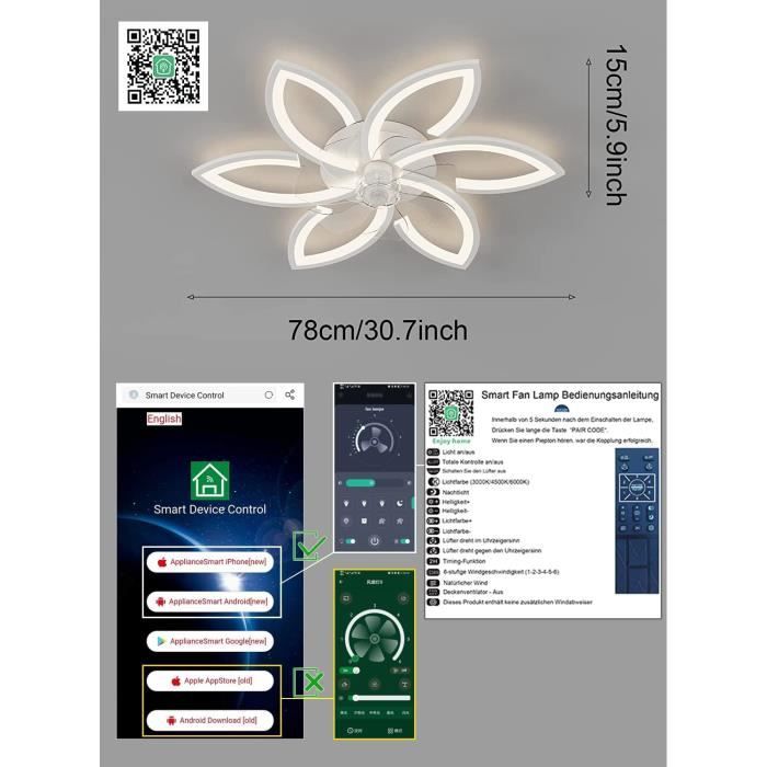 78cm Ventilateur de Plafond avec Lère et Télécommande-APP Silencieux