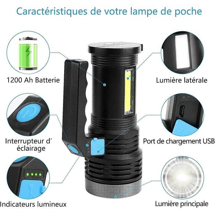 Lampe de poche LED ultra puissante en watts trois couleurs COB torche  rechargeable batterie intégrée XHP199 lampes de poche lanterne de camping -  AliExpress
