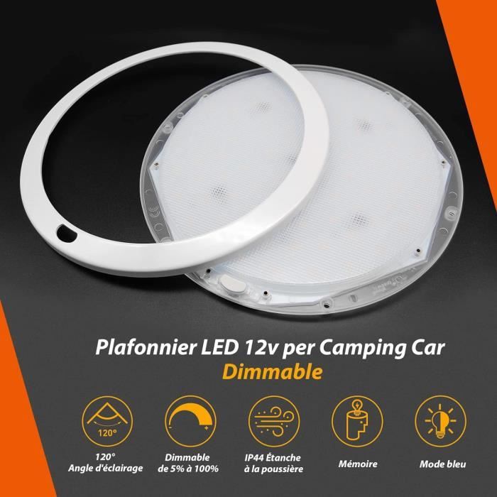 Plafonnier Led 12v Camping Car, 204LEDs, 15W Dimmable, 3 Couleurs