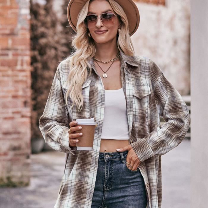 Chemise Femme,Chemise à Carreaux Manches Longues,Classique Blouse élégant  Mode Cardigan pour Femmes-Marron