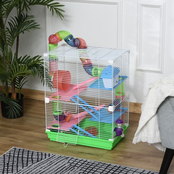 PawHut Cage pour Hamster Rongeur 4 étages avec Tunnels mangeoire Roue Maison échelles dim. 46L x