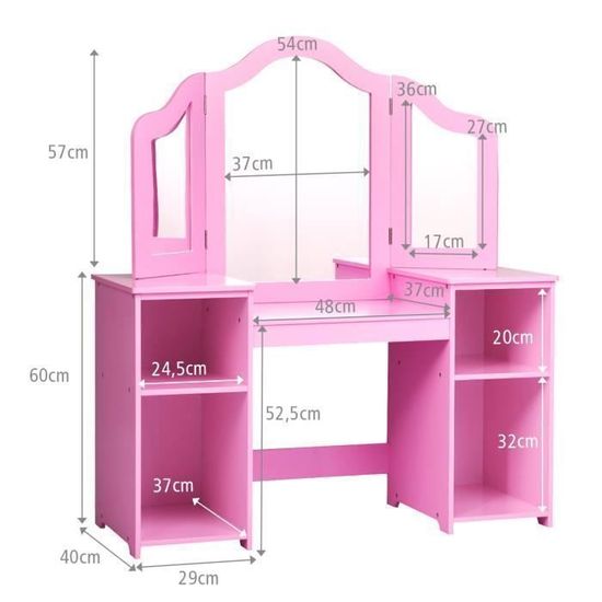 Coiffeuse Pour Enfants 2 En 1 Avec Miroir Amovible, Bureau Enfant Avec 4 étagères De Style Princesse Pour Filles, Blanc