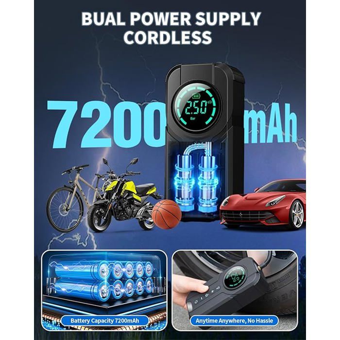 Gonfleur Électrique Pneus 5 Modes 7500mAh 150PSI - Voiture Moto Vélo Ballons