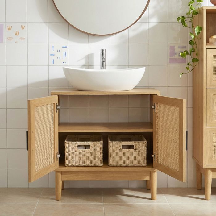 Meuble sous vasque effet chêne et cannage rotin L60 – Easy mobilier Meuble sous vasque effet chêne et cannage rotin L60 – Easy mobilier