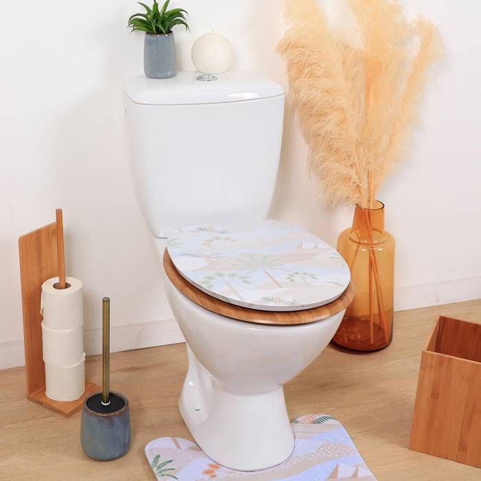 Abattant WC En Bois Décoré Fleurs Bleu Et Vert - Dimensions 37,5x46 Cm - Avec Kit Fixation Universelle 43,3-44,6 Cm