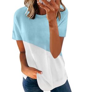 T-SHIRT T-Shirt Femme Manches Courtes Patchwork Été Ample Haut Basique Couleur Chic,bleu Et Blanc,S
