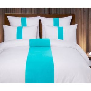 Salom/é Prestige Housse de Couette Pliss/ée Tricolore Blanc Turquoise Gris Perle Satin de coto