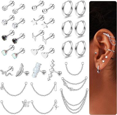 Lot De Boucles D'oreilles En Acier Inoxydable 316L - Creoles, Flat Back, Ear Jackets - Pour Piercing Tragus, Helix, Etc.