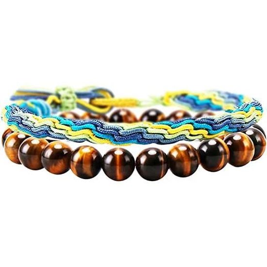 Set De 2 Bracelets AOUZEA - Œil De Tigre Et Glands Tressés - Bijoux Naturels Unisexes