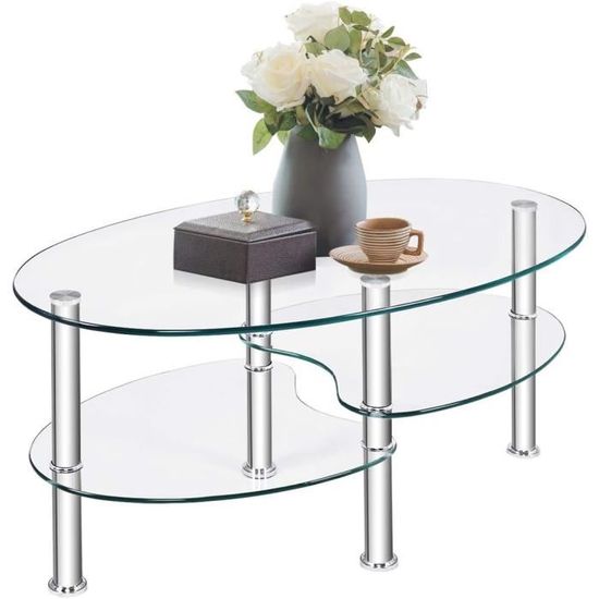 COSTWAY Table Basse en Verre Trempé Table de Café avec 3 Etagères pour Salon, Chambre 89 x51x45,5cm Transparente