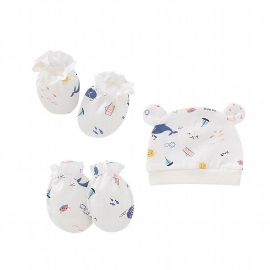 Set Naissance Bébé – Bonnet + Moufles Anti-rayures + Chaussettes – En Coton Doux, Taille 0-3 Mois Environ