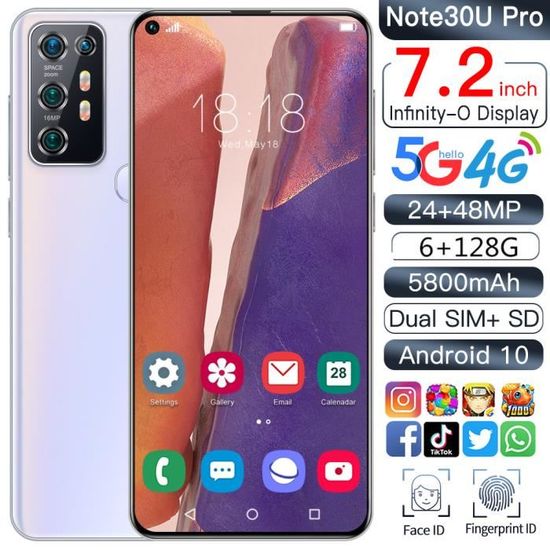 BLANC Note 30 Pro 7.2 " 6G RAM 128G ROM téléphone Mobile Android 10.0
