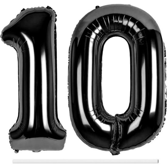 Ballon Chiffre 10 Anniversaire Noir - 100 Cm, Gonflable à L'hélium, Décoration Fête, Happy Birthday