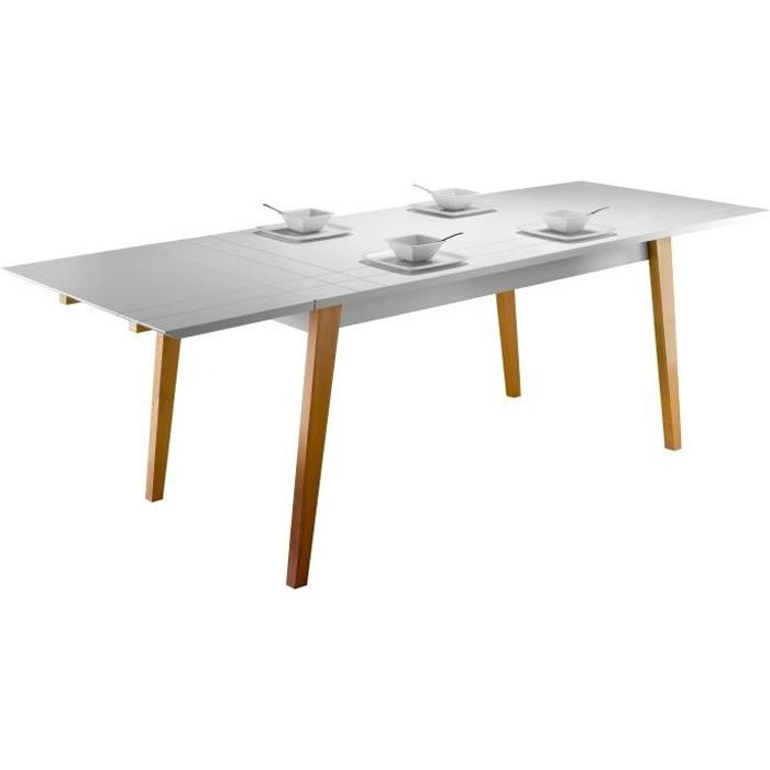 LONDON Table à manger extensible 6 à 8 personnes - Plateau blanc + pieds bois massif - Style scandinave - L160 à 250 cm
