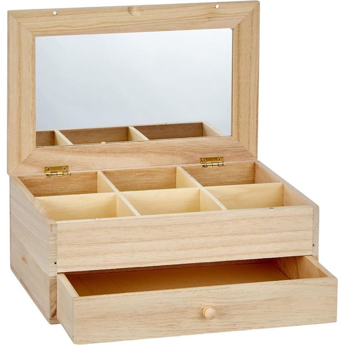 Coiffeuse miroir 6 compartiments et 1 tiroir Matière : bois Dimensions : Coiffeuse fermée : 26 x 18 x 11,5 cm aille du miroir : 20