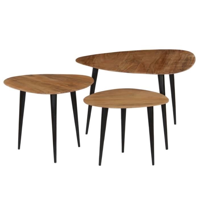 Lot de 3 Tables basses, Tables d'appoint, Tables gigognes - 70 x 70 x 40 cm - Style vintage - Bois d'acacia massif