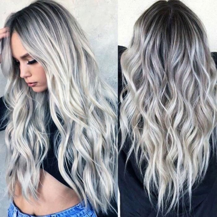 Perruque Cheveux Naturels pour Femme Ondulés Synthétique Perruque Bouclée Mode - Argent Gris Foncé