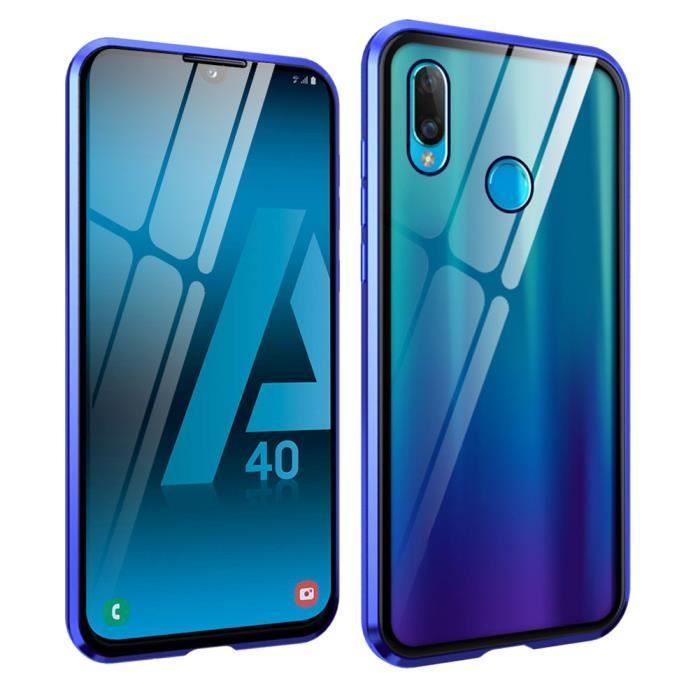 Coque Samsung Galaxy A40, Étui Adsorption Magnétique Double face Verre trempé Couverture pour Samsung Galaxy A40 -Bleu