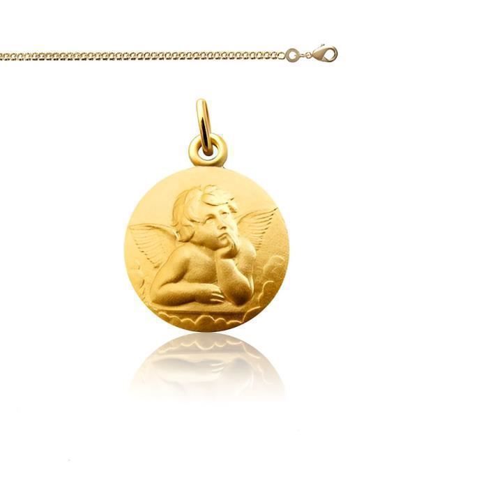 Chaîne et Pendentif Médaille Ange Penseur de Baptême Or Jaune GF 750*
