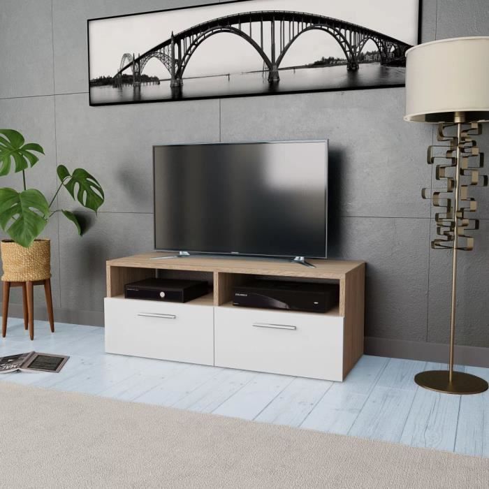 Meuble TV - Banc TV - MEUBLE Salon-Séjour HI-FI - style moderne Aggloméré 95 x 35 x 36 cm Chêne et blanc