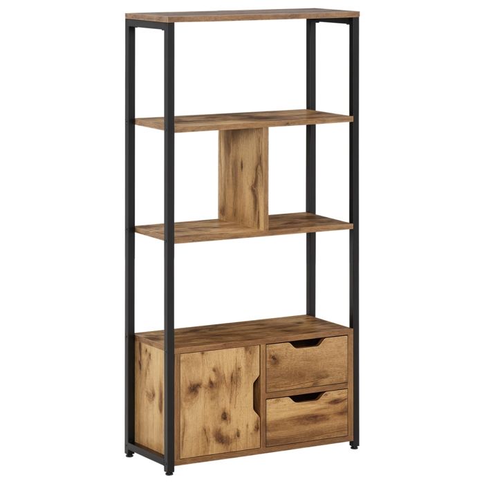 Bibliothèque style industriel 3 étagères placard porte 2 tiroirs panneaux particules aspect vieux bois acier noir 58x24x122cm Marron