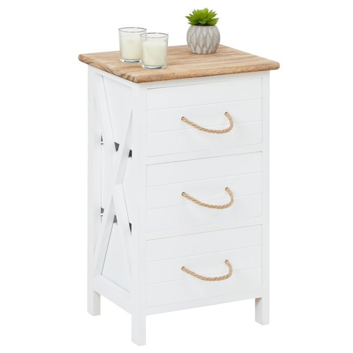 Table de chevet PERUGIA table de nuit 3 tiroirs en bois de paulownia style shabby chic vintage rustique campagnard blanc