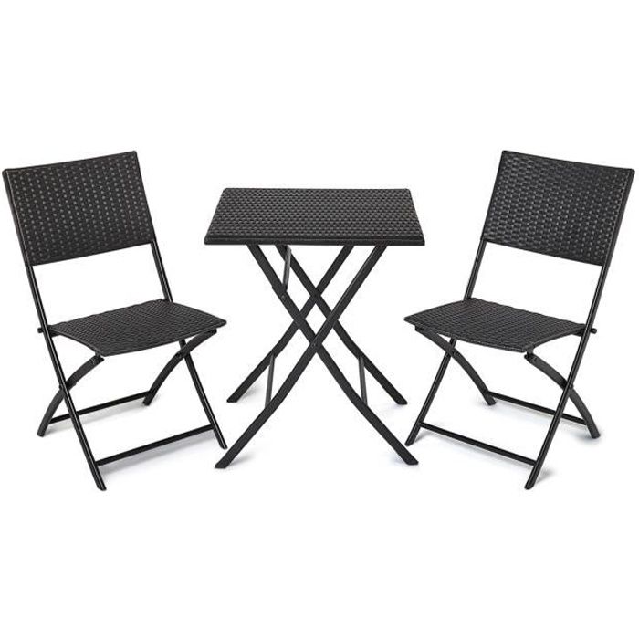 Salon de Jardin Exterieur Set de Balcon Pliable, Terrasse Restaurant, 1 Table et 2 Chaises, en Rotin PE Imperméable