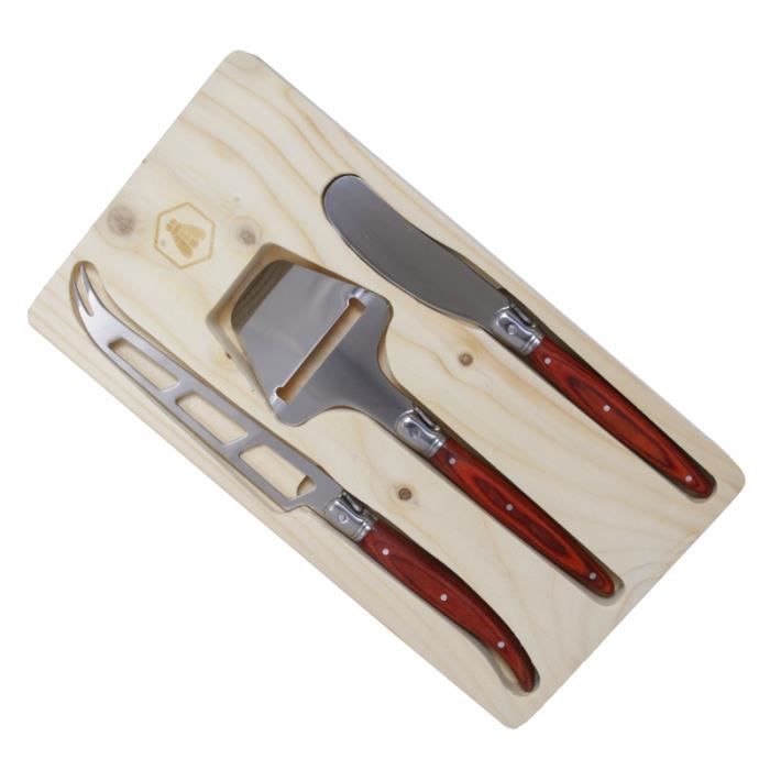 Laguiole L'Eclair Set Couteaux à Fromage, 3 pc, Bois rouge Pakka, Boîte en Bois