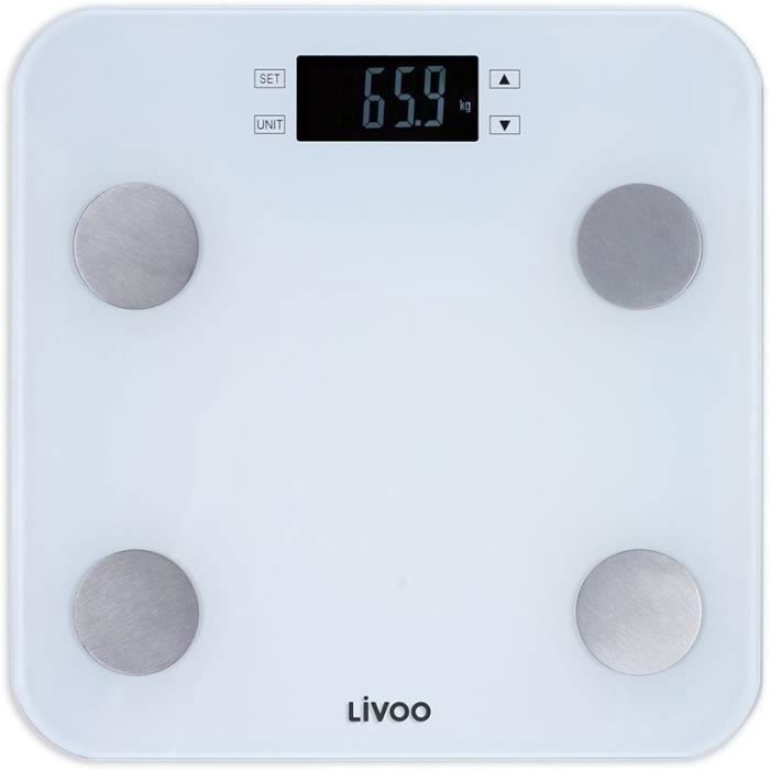 LIVOO DOM427W - Pèse-personne impédancemètre - 13 mémoires utilisateurs - 180 kg - Plateau en verre trempé affichage LCD - Blanc