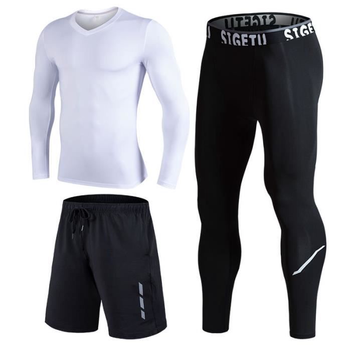 Ensemble de vêtements de sport homme 3pièces Maillot&Short&Collant Running Fitness Respirant Jogging Séchage Rapide Haute Élasticité