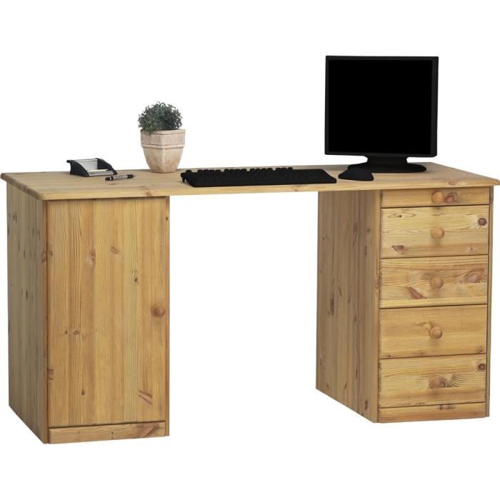 Meuble de bureau avec 1 porte et 5 tiroirs en pin coloris naturel huilé, 150 x 60 x 77 cm
