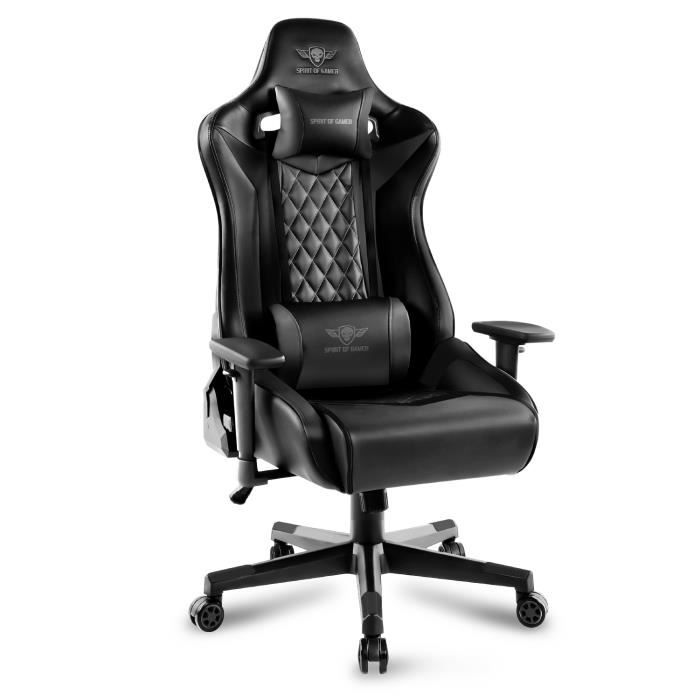 Spirit Of Gamer – CRUSADER Noir Series – Chaise Gaming Simili Cuir Capitonné Haut de Gamme – Coussin Nuque & Lombaires – Accoudoirs