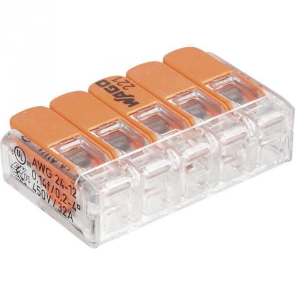 Mini borne de connexion à levier 5 fils - Série 221 - Vendu par 25 - Wago