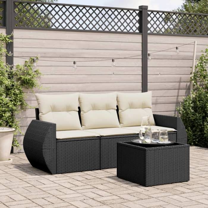 vidaXL Salon de jardin 4 pcs avec coussins noir résine tressée 3221065