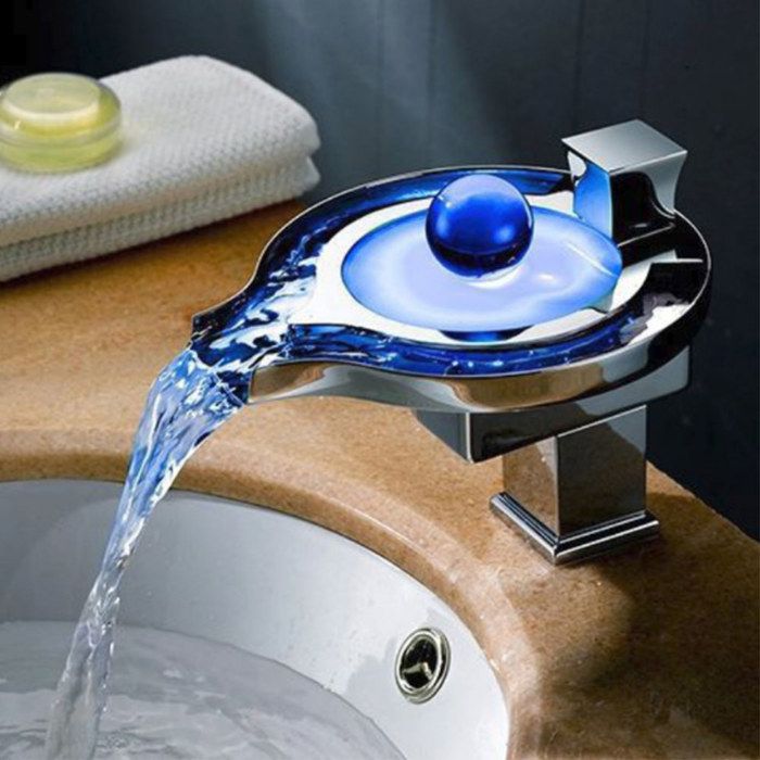 Robinet salle de bain cascade Mitigeur lavabo LED en laiton Chrome Gros bec robinetterie vasque
