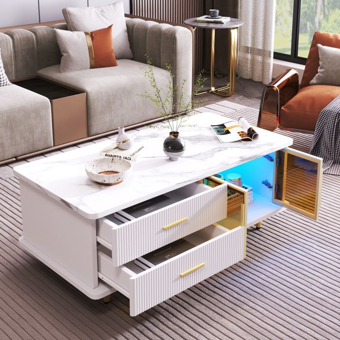 Table basse salon avec LED et 2 tiroirs 1 armoire en marbre Rectangulaire 100x50x30cm Blanc et or