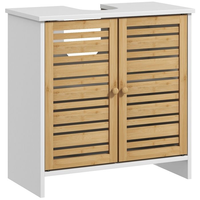 Meuble sous vasque de salle de bain - HOMCOM - 2 portes étagère réglable armoire de rangement pour lavabo 60x30x60 cm- bambou blanc