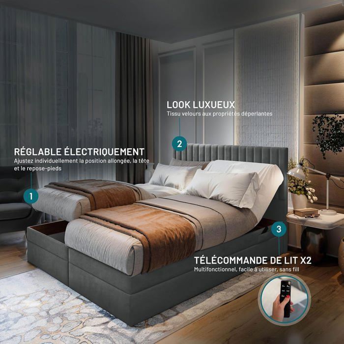 Lit adulte ADÈLE - ensemble matelas+sommier relaxation électrique - 200x200 cm - velours gris foncé Lit adulte ADÈLE - ensemble matelas+sommier relaxation électrique - 200x200 cm - velours gris foncé