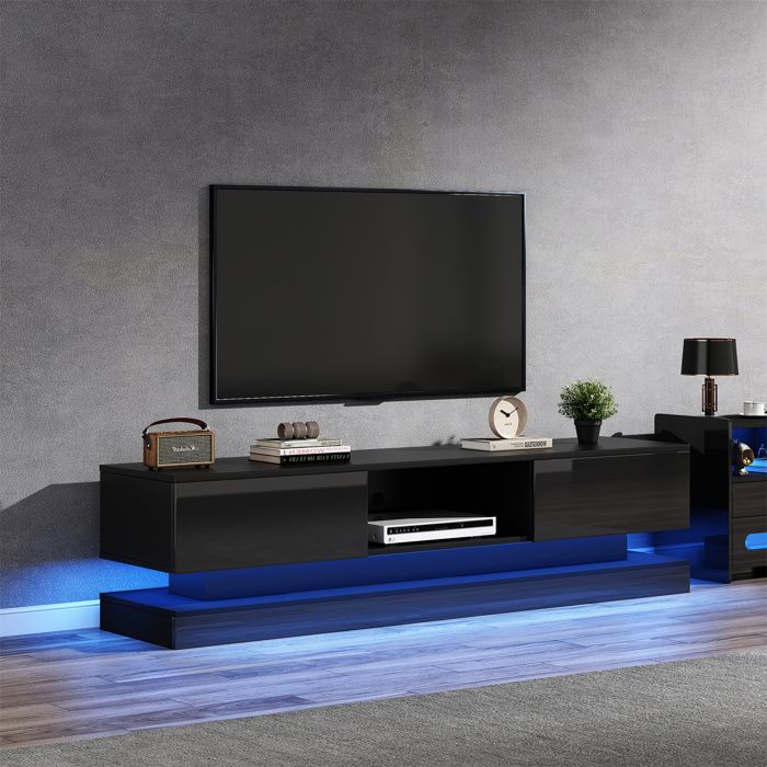 Jojoka Mueble de TV LED de 8 cajones con toma de corriente para TV de 55 pulgadas, amplio baúl de almacenamiento para dormitorio, sala de estar y entrada, mesa consola superior de madera con 22 modos