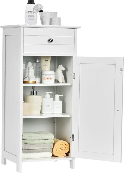 GIANTEX Meuble Colonne Salle de Bain H 88cm-1 Tiroir et Placard à 3 Etages avec Porte-Étagères Réglables-Meuble de Rangement-Blanc GIANTEX Meuble Colonne Salle de Bain H 88cm-1 Tiroir et Placard à 3 Etages avec Porte-Étagères Réglables-Meuble de Rangement-Blanc