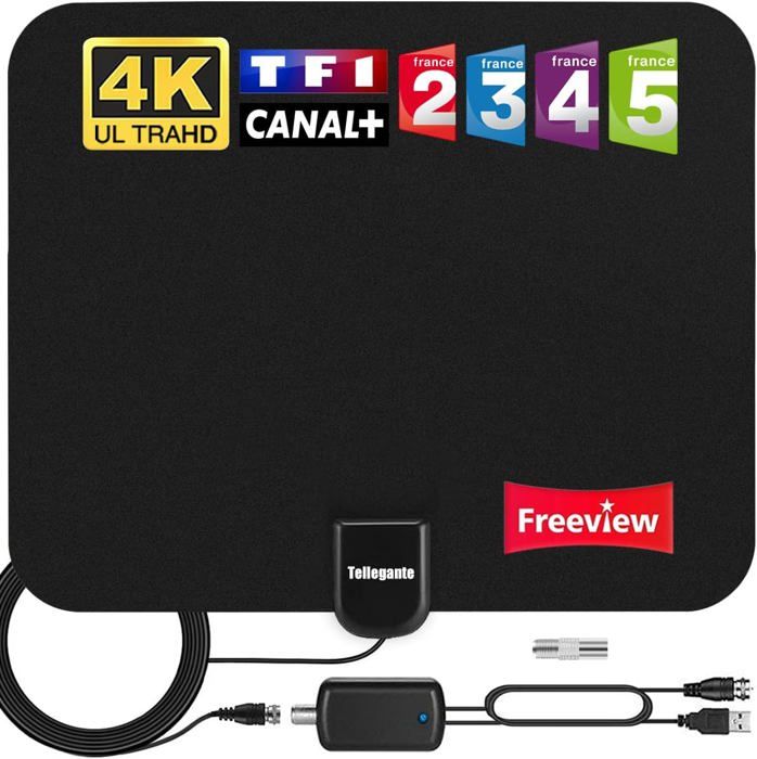 Antenne TV Intérieure/Extérieure 39dBi 480 Km - Amplificateur Signal 4K 1080P TNT DVB-T/T2 + Câble 10m