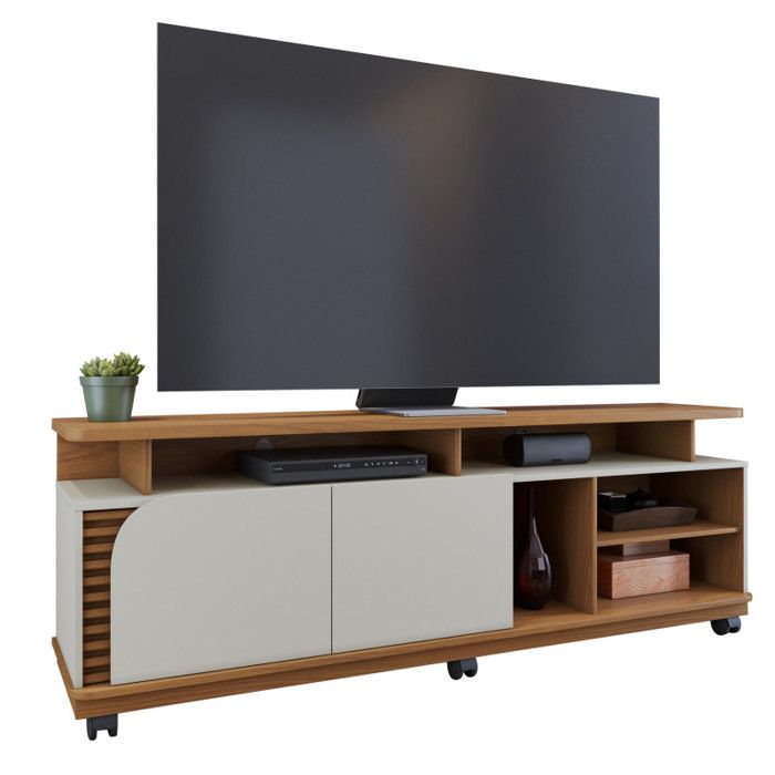Meuble TV 75 JURERE imitation chêne et blanc L180 P39.3 H62 cm - 2 portes 9 niches 6 roulettes Meuble TV 75 JURERE imitation chêne et blanc L180 P39.3 H62 cm - 2 portes 9 niches 6 roulettes