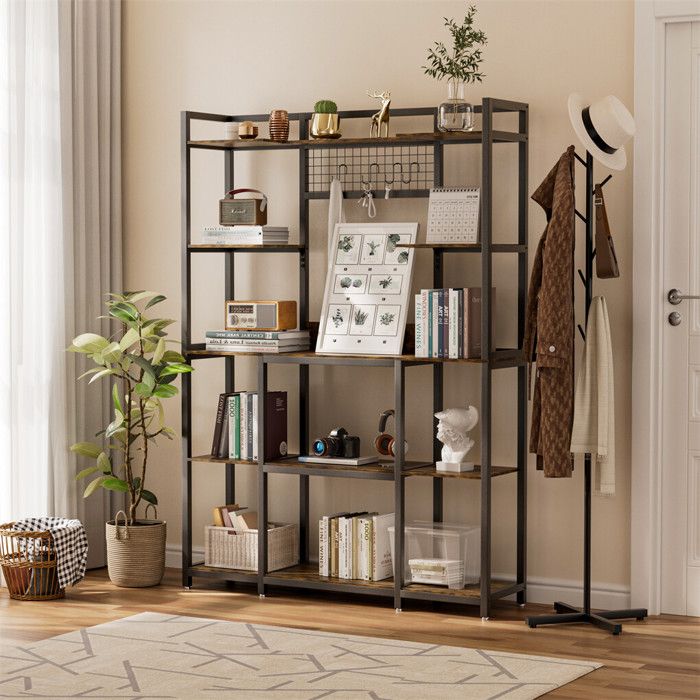 Bibliothèque Industrielle à 5 Niveaux 120x30x170cm - Étagère de Rangement en Bois et Métal