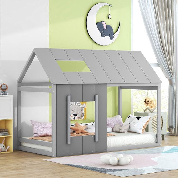 Lit Enfant 90x200 cm Lit Cabane en Forme de Maison Lit Plat à Une Place avec Toit et FenêTre Gris Foncé + Gris Clair