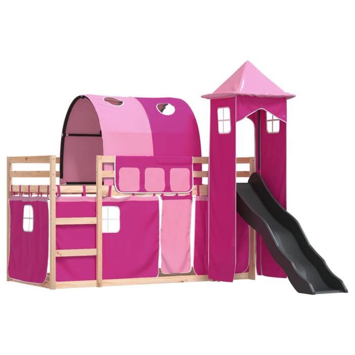 Lit superposé/Lit enfant - JM - sans matelas - avec sommier a lattes - avec toboggan et rideaux - 80x200 cm - LL76