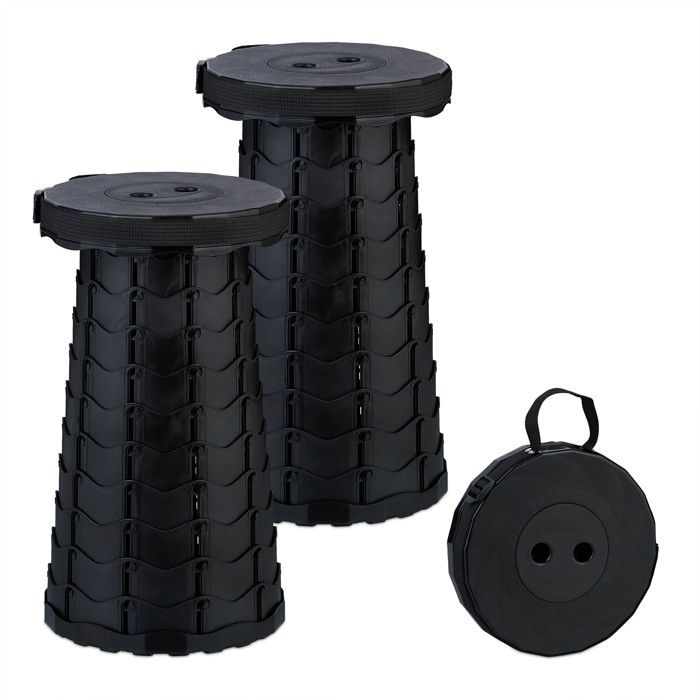 Relaxdays Tabouret télescopique 2 pièces pliable avec sangle camping hauteur réglable HxD 44 5x25 cm noir