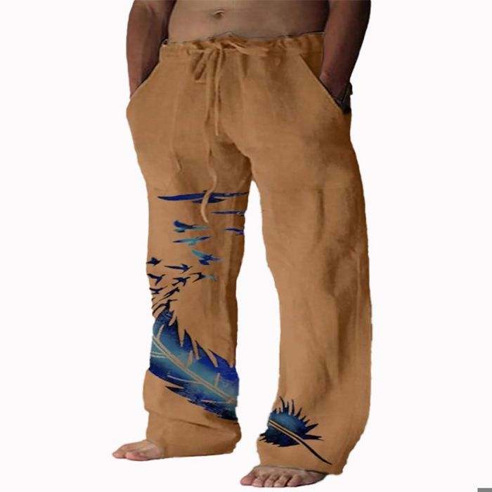 Pantalon homme ECELEN en coton et lin à imprimé plumes Ample et respirant  Cordon de serrage Jaune