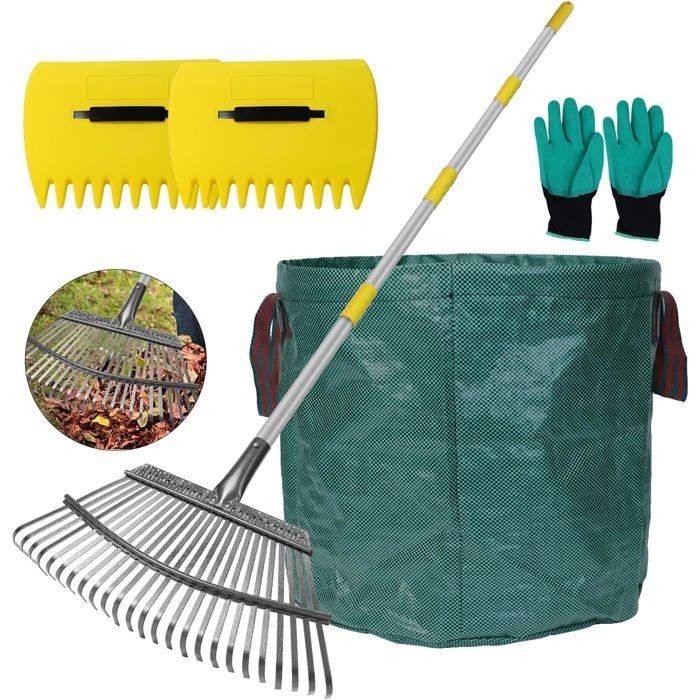 Râteau à Feuilles, Râteau De Jardin Kit - Avec Sacs De Feuilles De 32 Gallons Et 2 Pelles à Feuilles, 238cm Râteau à Feuilles Avec Longue Poignée Réglable Pour Nettoyer Plantes, Pelouse