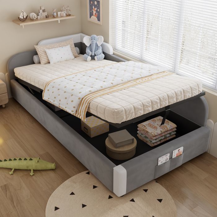 Lit coffre pour enfants 90x200cm - avec sac de rangement - clôture de droite - velours - Gris(sans matelas) Lit coffre pour enfants 90x200cm - avec sac de rangement - clôture de droite - velours - Gris(sans matelas)